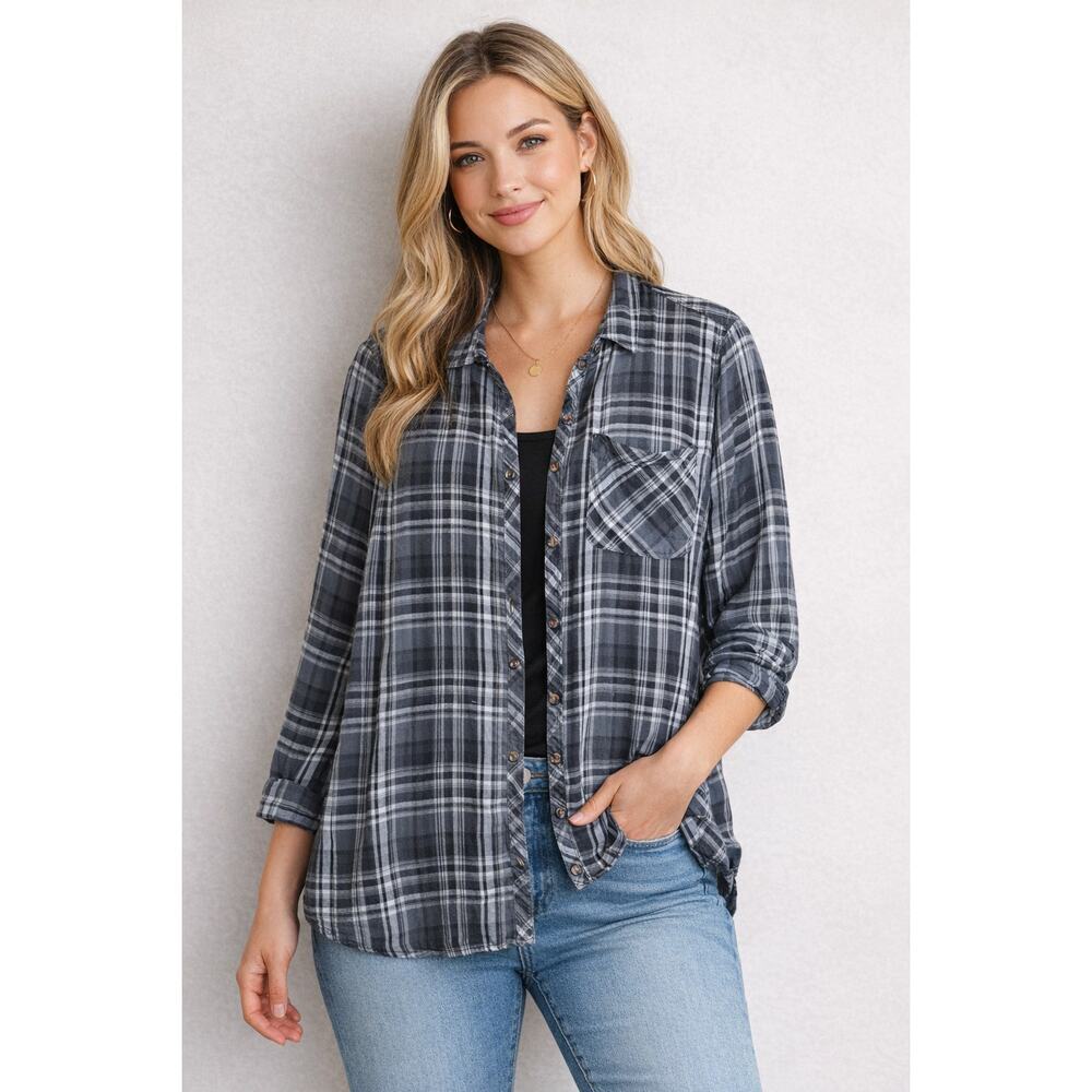 Terra & Sky Plaid Button Front Blouse 3X Gray Black Long Sleeve Pocket EUC